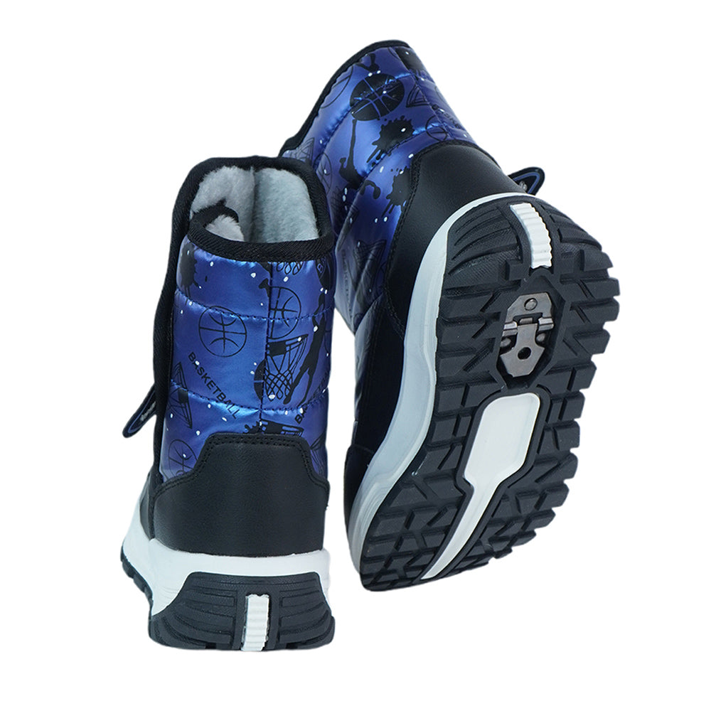 Little Surprise Box, Midnight Blue Basketball print, Waterproof Winter Snow Boots for Kids with Metal Cleats for Minus Degree Icy Terrains