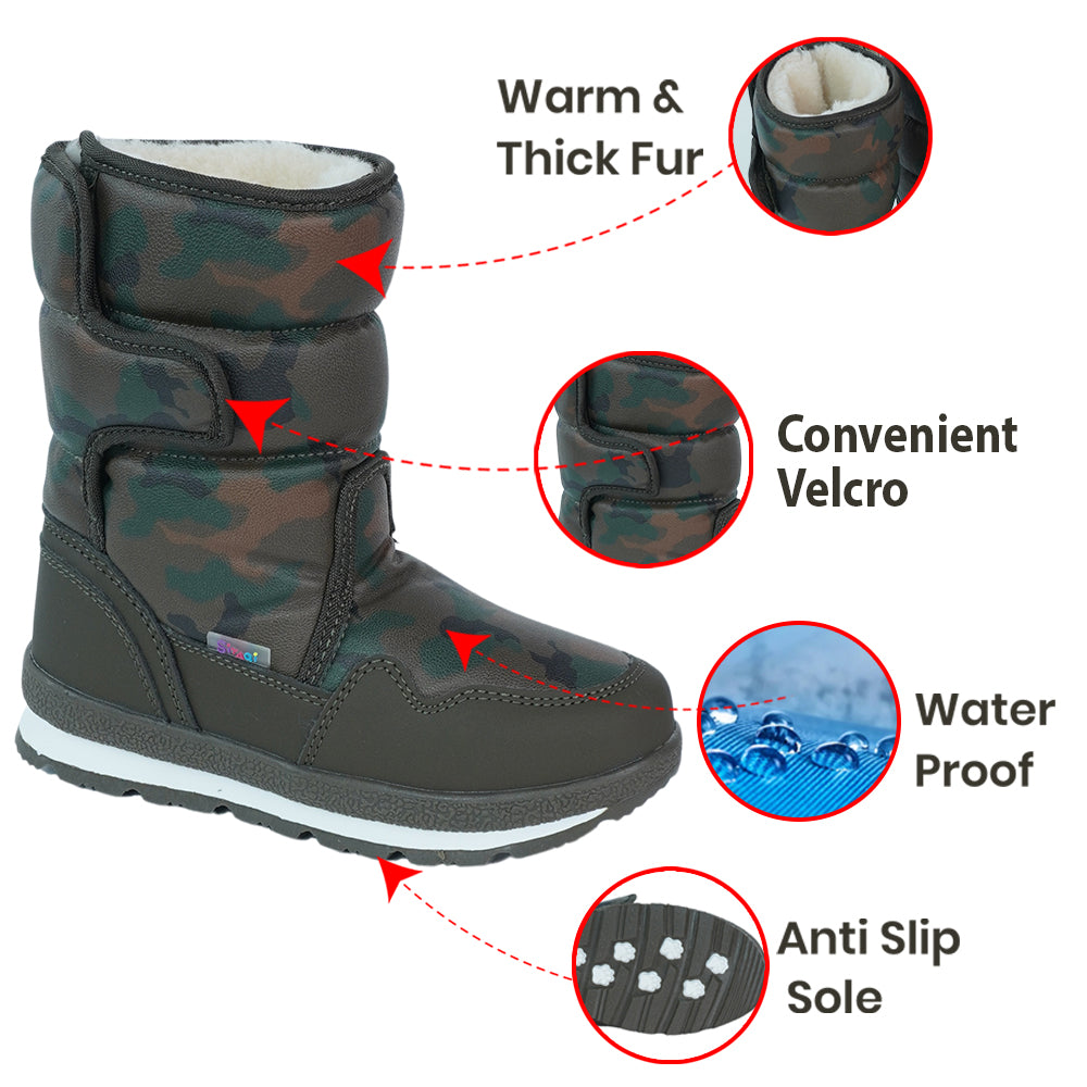 Little Surprise Box, Brown Camoflouge Waterproof Winter Snow Boots For Kids For Minus Degree Temperature