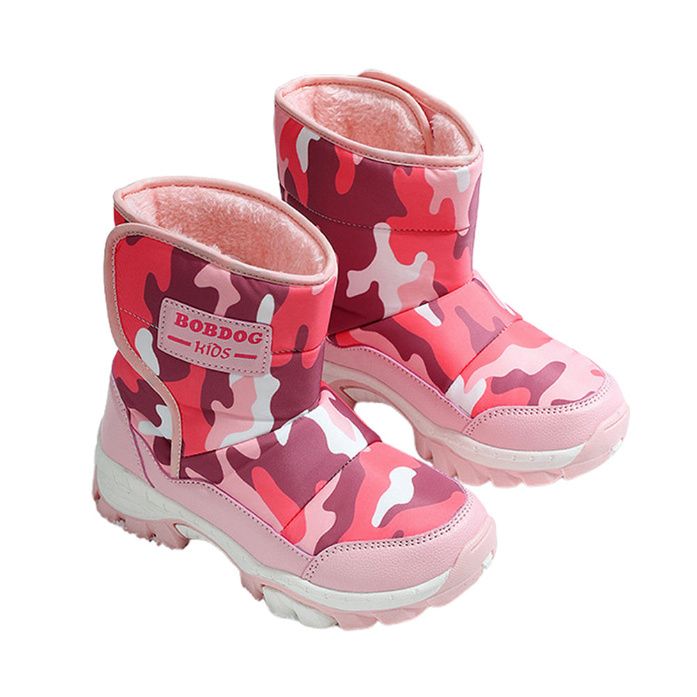 Little Surprise Box, Pink Camouflage Waterproof Winter Snow Boots For Kids With Metal Cleats For Minus Degree Icy Terrains