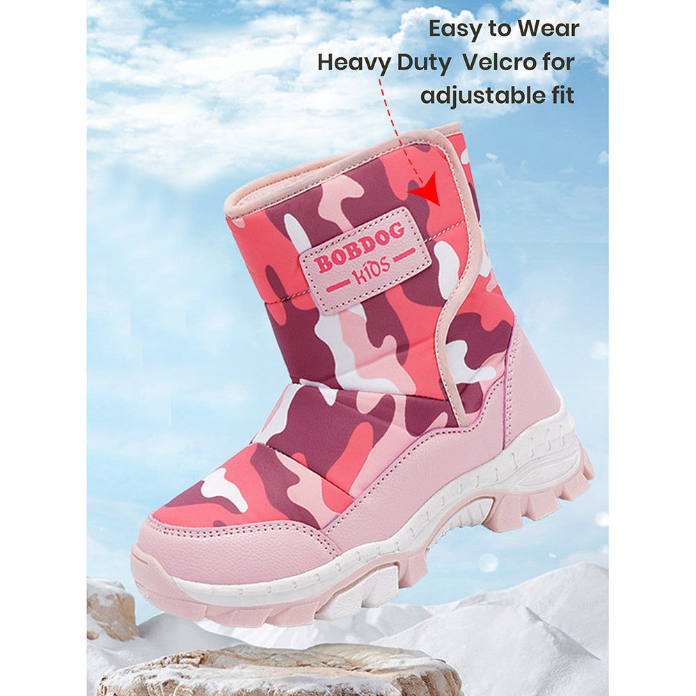 Little Surprise Box, Pink Camouflage Waterproof Winter Snow Boots For Kids With Metal Cleats For Minus Degree Icy Terrains