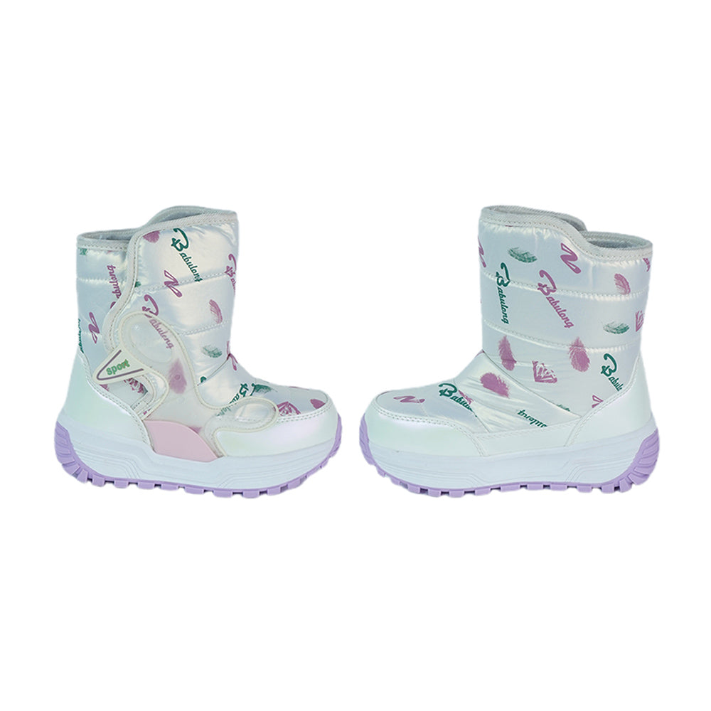 Little Surprise Box, Printed Silver Waterproof Winter Snow Boots for Kids with Metal Cleats for Minus Degree Icy Terrains