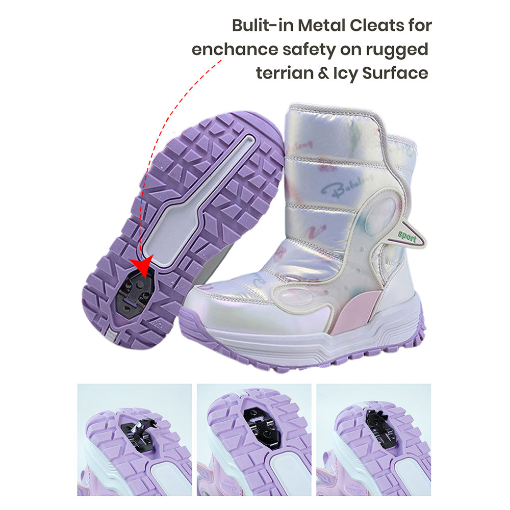 Little Surprise Box, Printed Silver Waterproof Winter Snow Boots for Kids with Metal Cleats for Minus Degree Icy Terrains