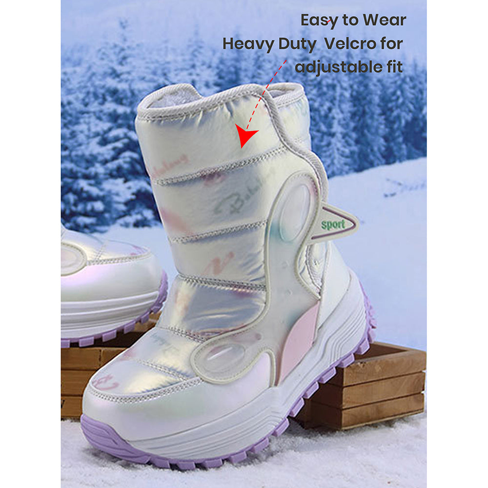 Little Surprise Box, Printed Silver Waterproof Winter Snow Boots for Kids with Metal Cleats for Minus Degree Icy Terrains