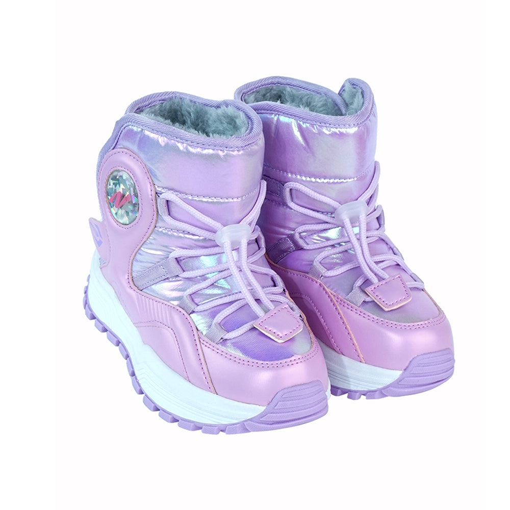 Little Surprise Box, Purple Rainbow Shine Waterproof Winter Snow Boots for Kids with Metal Cleats for Minus Degree Icy Terrains