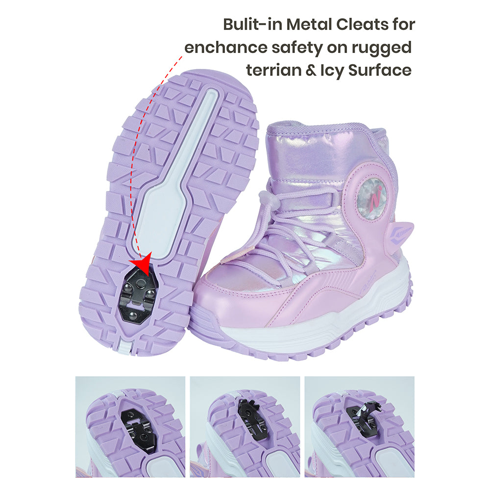 Little Surprise Box, Purple Rainbow Shine Waterproof Winter Snow Boots for Kids with Metal Cleats for Minus Degree Icy Terrains