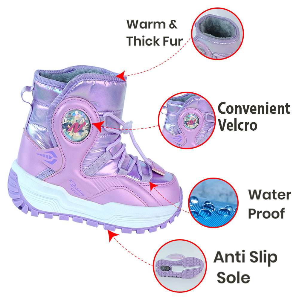 Little Surprise Box, Purple Rainbow Shine Waterproof Winter Snow Boots for Kids with Metal Cleats for Minus Degree Icy Terrains