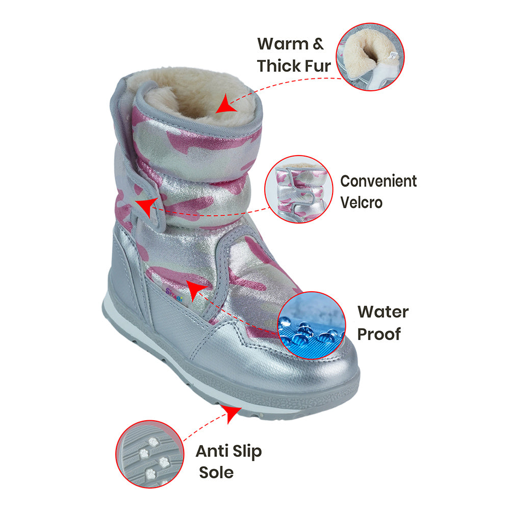 Little Surprise Box, Silver & Fuchsia Pink Waterproof Winter Snow Boots for Kids for minus temperature