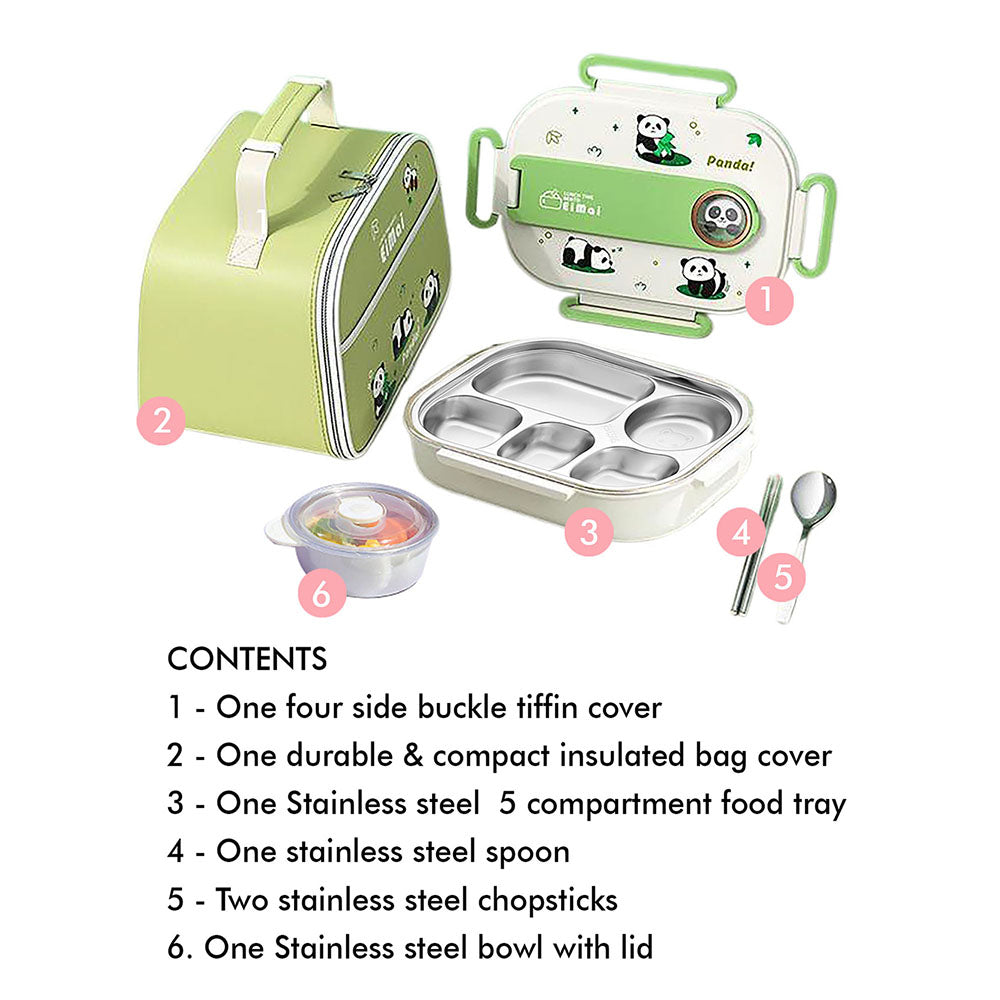 Little Surprise Box 2D Panda Big Size Size Stainless Steel Lunch Box /Tiffin with Insulated Matching Lunch Bag, stainless steel spoon and chopsticks for Kids & Adults, 1500ml