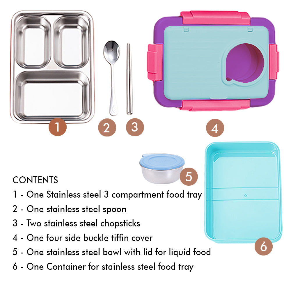 Little Surprise Box 2 Decker Blue & Purple Double Lock Stainless Steel Lunch /Tiffin Box for Kids.