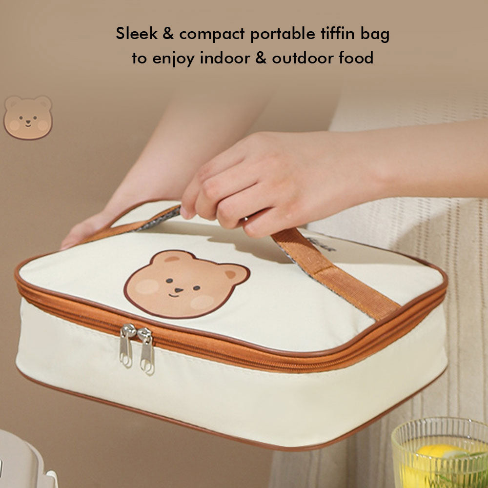 Little Surprise Box Big Size Stainless Steel Lunch Box /Tiffin With Insulated Matching Lunch Bag For Kids And Adults, Cream Brown Bear