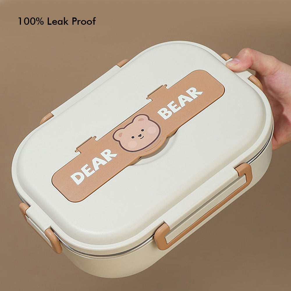 Little Surprise Box Big Size Stainless Steel Lunch Box /Tiffin With Insulated Matching Lunch Bag For Kids And Adults, Cream Brown Bear