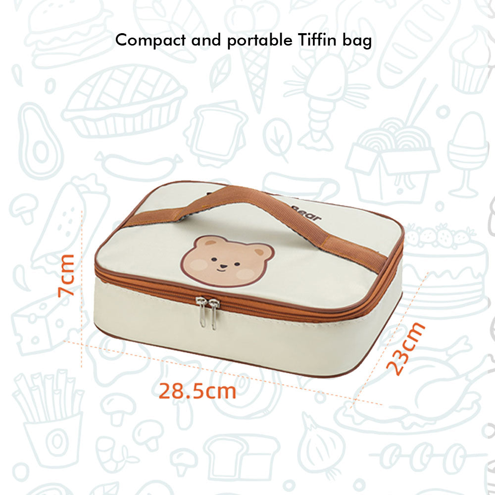 Little Surprise Box Big Size Stainless Steel Lunch Box /Tiffin With Insulated Matching Lunch Bag For Kids And Adults, Cream Brown Bear