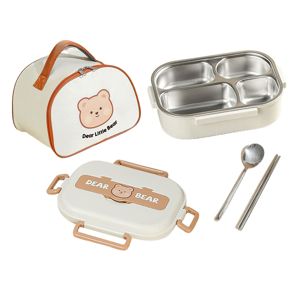 Little Surprise Box Medium Size Stainless Steel Lunch Box /Tiffin With Insulated Matching Vertical Lunch Bag For Kids And Adults, Cream Brown Bear With Steel Spoon And Steel Chopsticks For Kids And Adults.