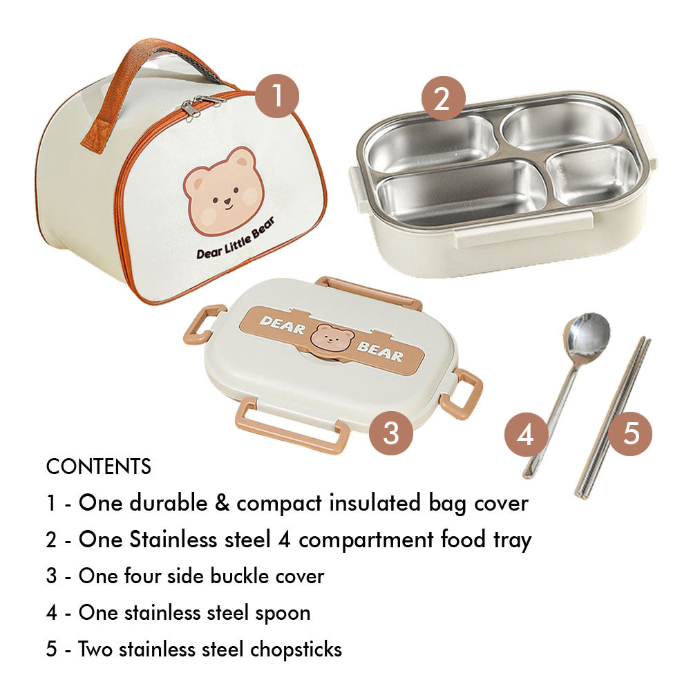 Little Surprise Box Medium Size Stainless Steel Lunch Box /Tiffin With Insulated Matching Vertical Lunch Bag For Kids And Adults, Cream Brown Bear With Steel Spoon And Steel Chopsticks For Kids And Adults.