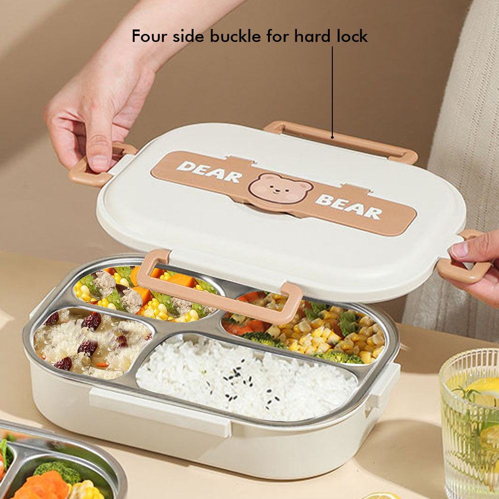 Little Surprise Box Medium Size Stainless Steel Lunch Box /Tiffin With Insulated Matching Vertical Lunch Bag For Kids And Adults, Cream Brown Bear With Steel Spoon And Steel Chopsticks For Kids And Adults.