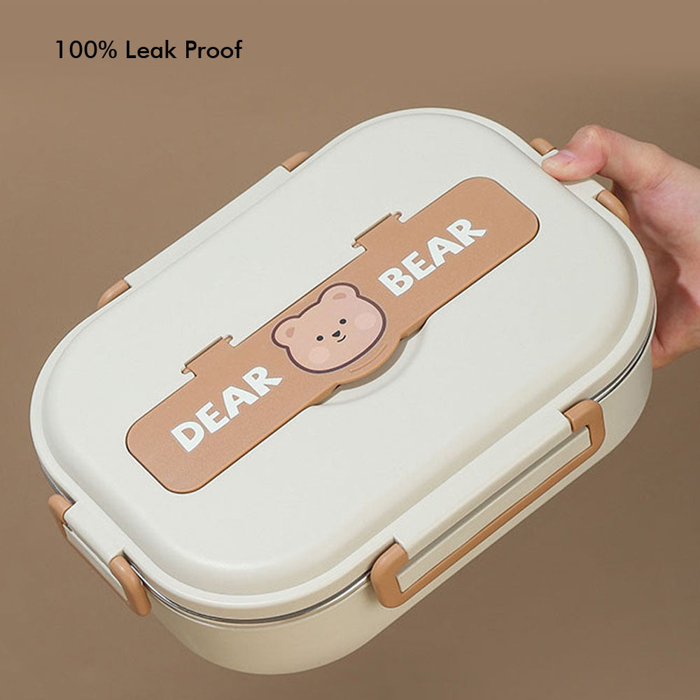 Little Surprise Box Medium Size Stainless Steel Lunch Box /Tiffin With Insulated Matching Vertical Lunch Bag For Kids And Adults, Cream Brown Bear With Steel Spoon And Steel Chopsticks For Kids And Adults.