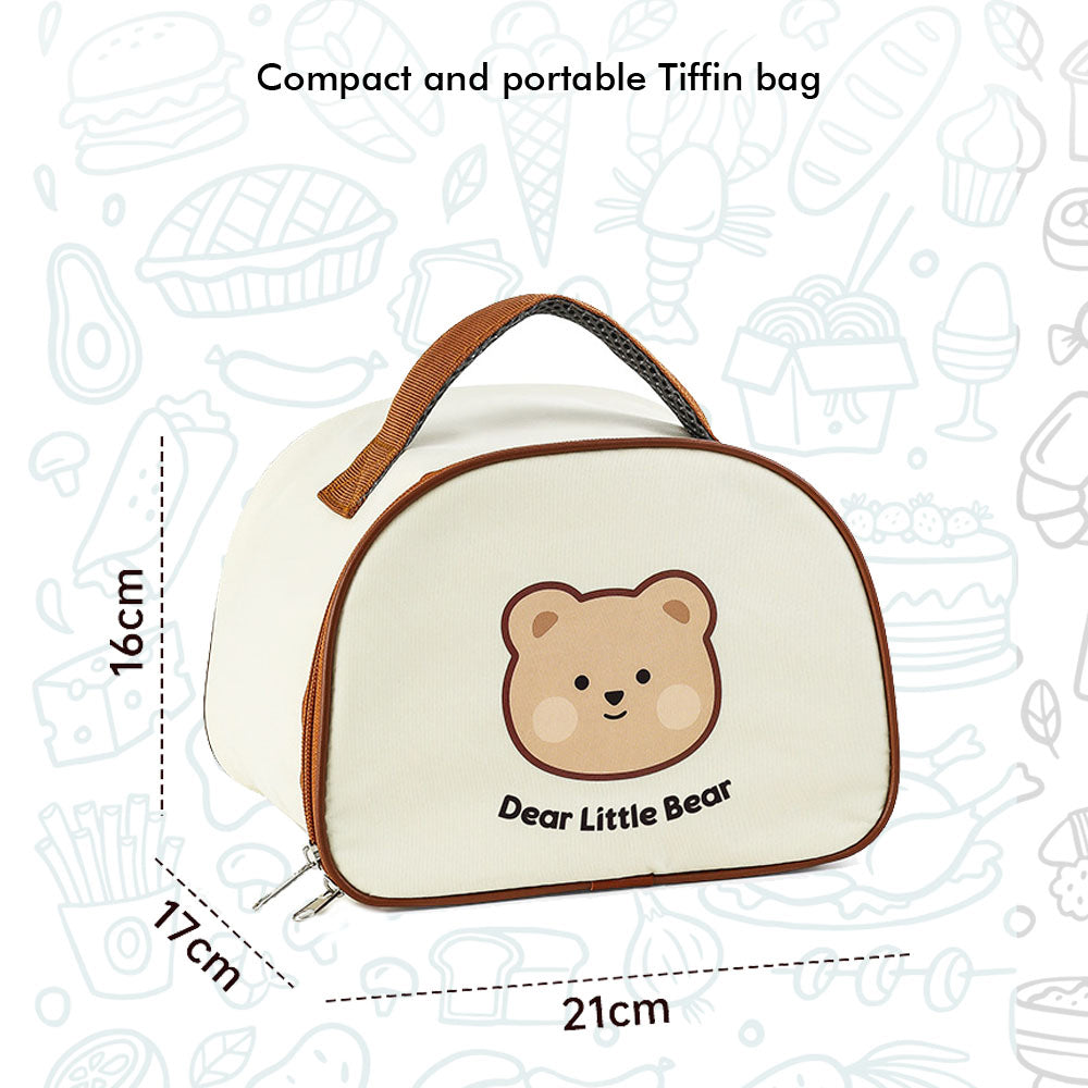 Little Surprise Box Medium Size Stainless Steel Lunch Box /Tiffin With Insulated Matching Vertical Lunch Bag For Kids And Adults, Cream Brown Bear With Steel Spoon And Steel Chopsticks For Kids And Adults.