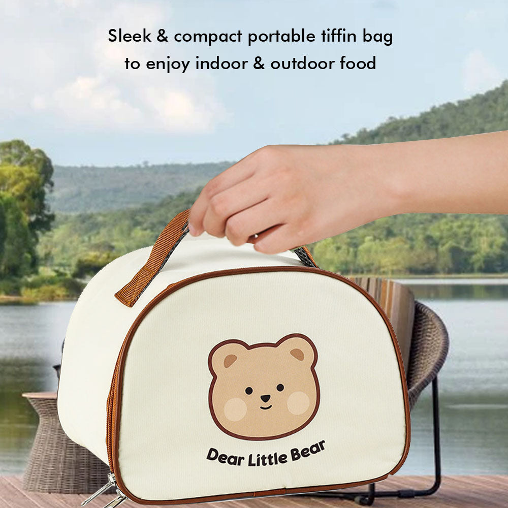 Little Surprise Box Medium Size Stainless Steel Lunch Box /Tiffin With Insulated Matching Vertical Lunch Bag For Kids And Adults, Cream Brown Bear With Steel Spoon And Steel Chopsticks For Kids And Adults.