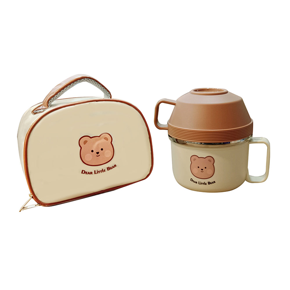 Little Surprise Box Cream & Brown Bear , Dual Handle Soup and Noodles Lunch Box with matching Cover