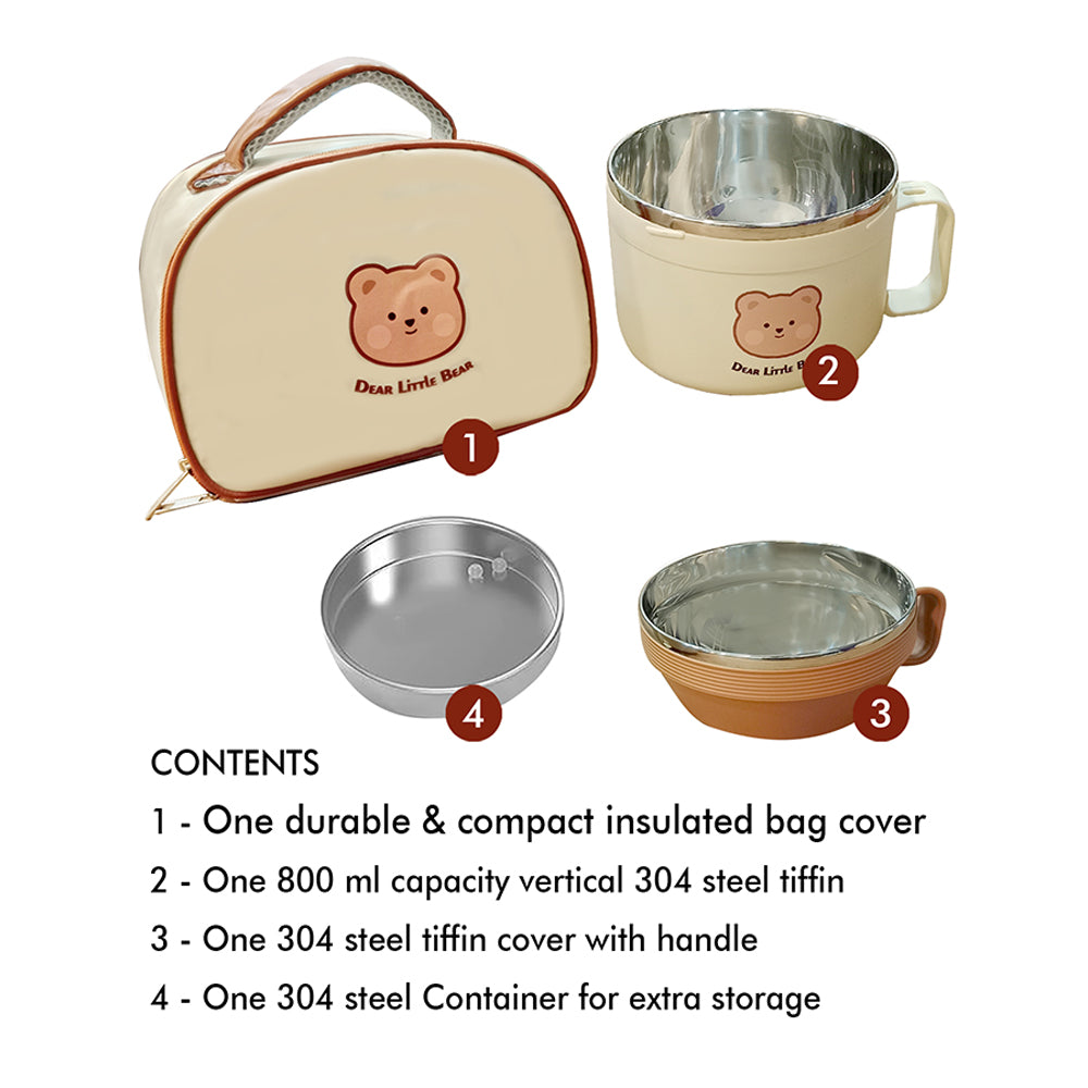 Little Surprise Box Cream & Brown Bear , Dual Handle Soup and Noodles Lunch Box with matching Cover