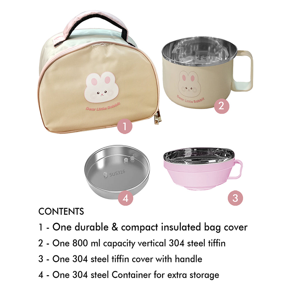 Little Surprise Box Cream & Pink Rabbit , Dual Handle Soup and Noodles Lunch Box with matching Cover