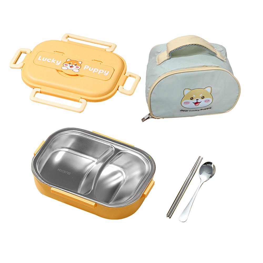 Little Surprise Box, Cute Puppy medium size Stainless Steel Lunch Box /Tiffin with Insulated Matching Lunch Bag, stainless steel spoon and chopsticks for Kids and Adults