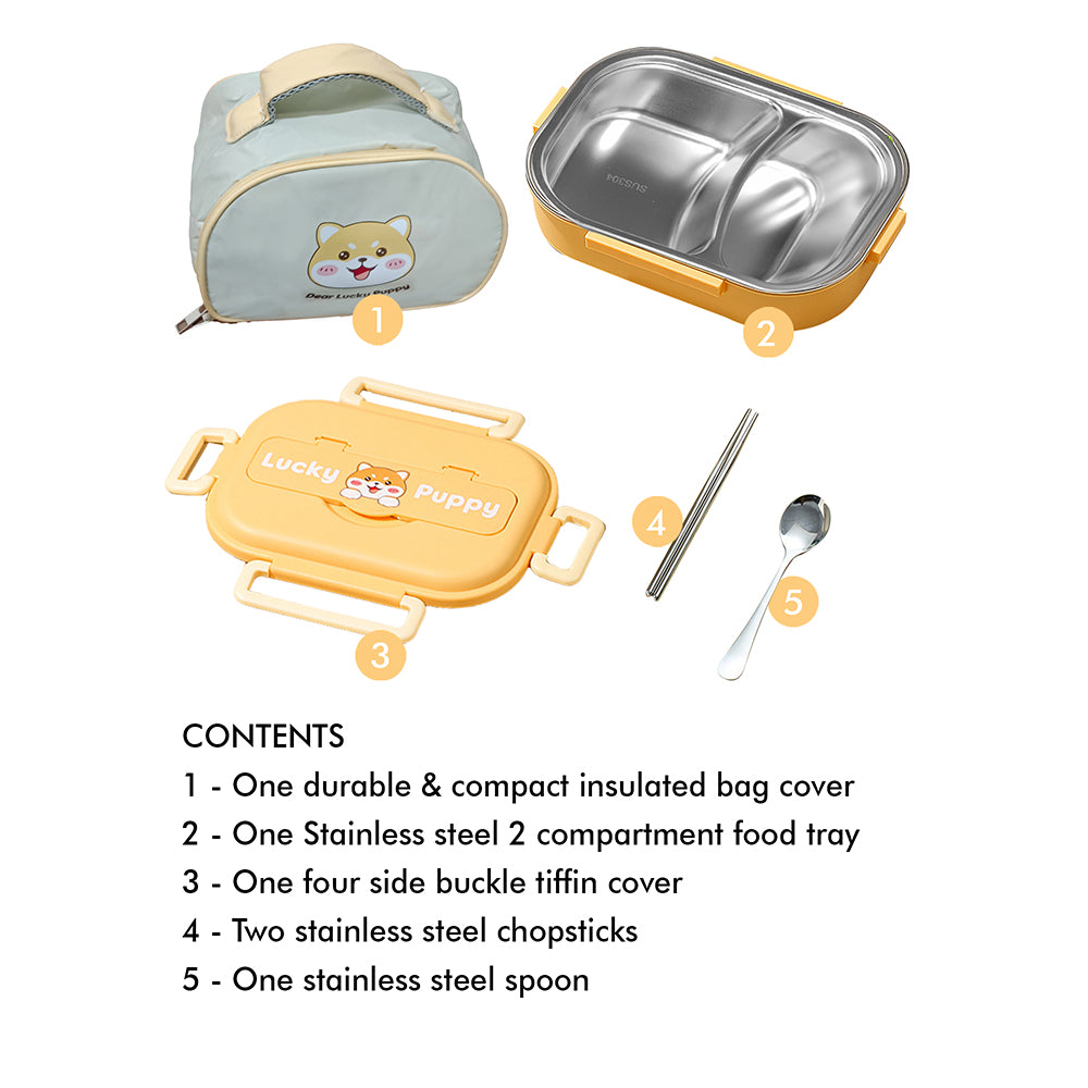 Little Surprise Box, Cute Puppy medium size Stainless Steel Lunch Box /Tiffin with Insulated Matching Lunch Bag, stainless steel spoon and chopsticks for Kids and Adults