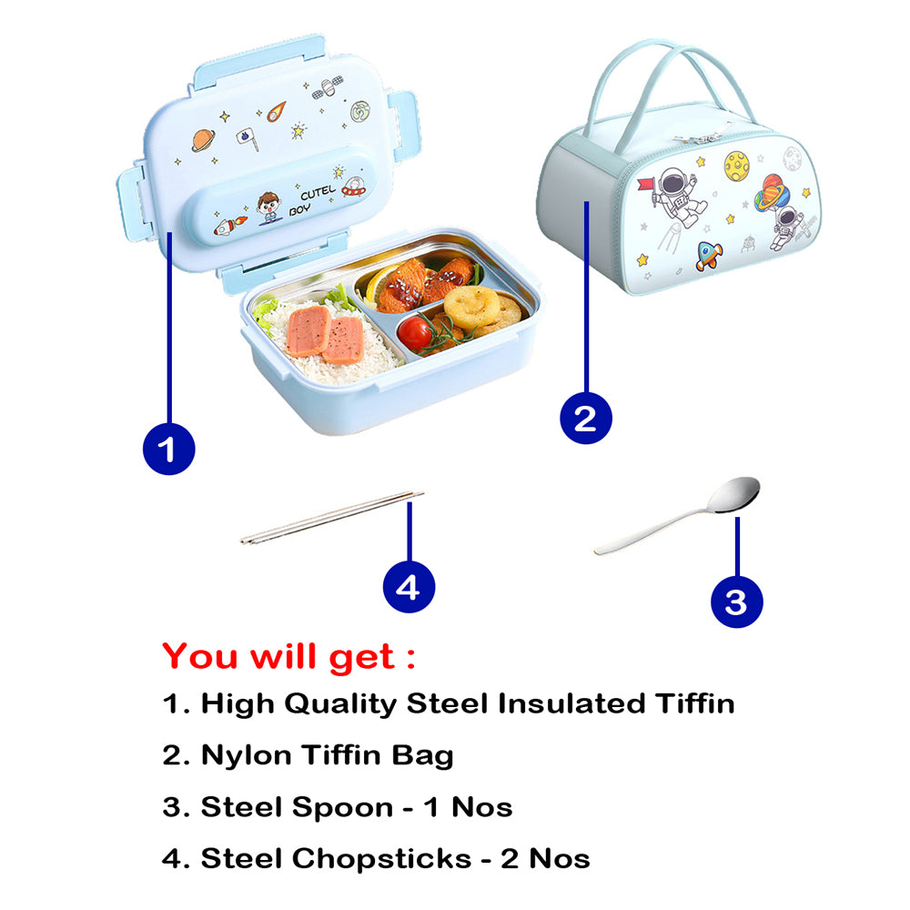 Little Surprise Box Kids Tiffin Lunch Box With Insulated Lunch Box Cover, Light Blue