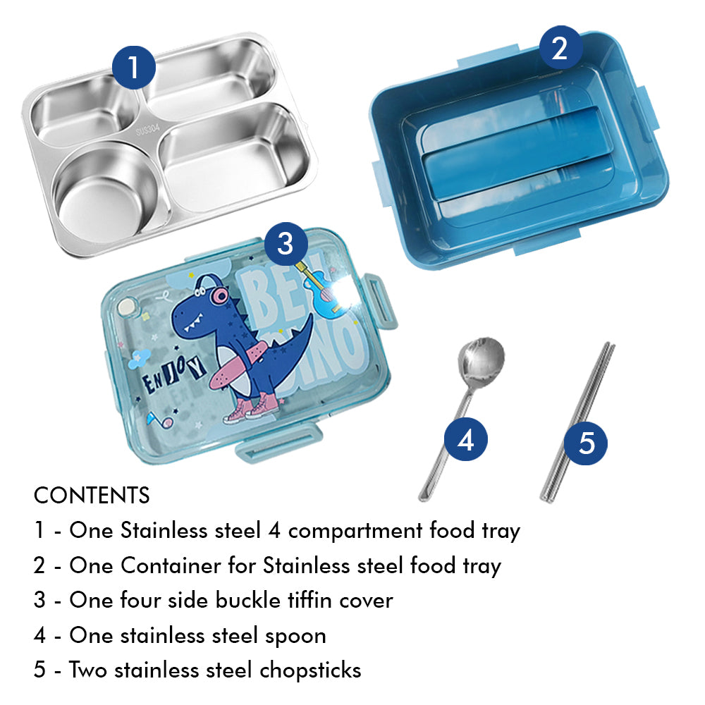 Little Surprise Box Big Size Stainless Steel Lunch Box /Tiffin For Kids And Adults, Blue Dino With Steel Spoon And Steel Chopsticks For Kids And Adults.