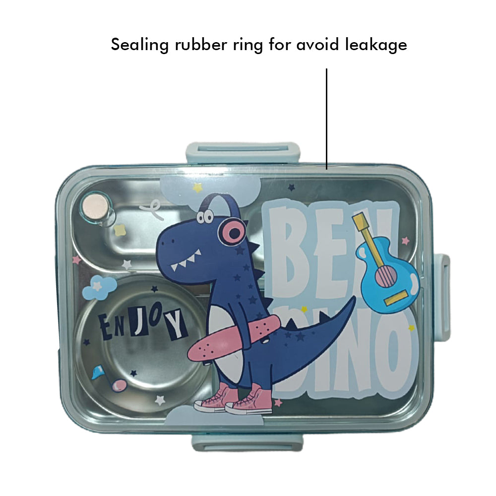 Little Surprise Box Big Size Stainless Steel Lunch Box /Tiffin For Kids And Adults, Blue Dino With Steel Spoon And Steel Chopsticks For Kids And Adults.