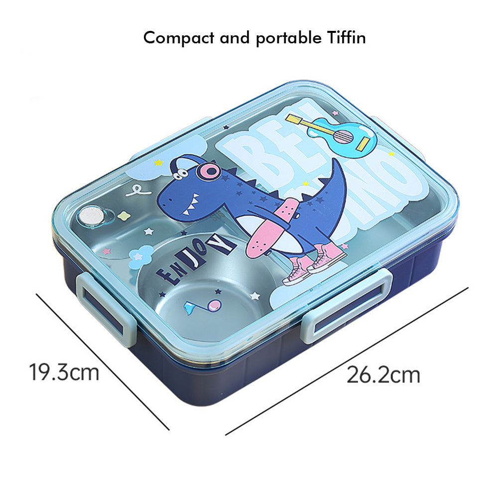 Little Surprise Box Big Size Stainless Steel Lunch Box /Tiffin For Kids And Adults, Blue Dino With Steel Spoon And Steel Chopsticks For Kids And Adults.