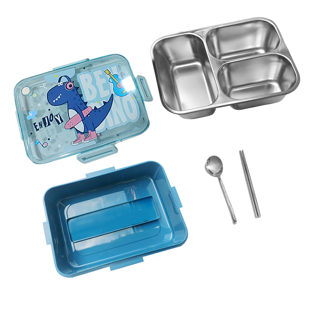 Little Surprise Box Mini Size Stainless Steel Lunch Box /Tiffin For Kids And Adults, Blue Dino With Steel Spoon And Steel Chopsticks For Kids And Adults.