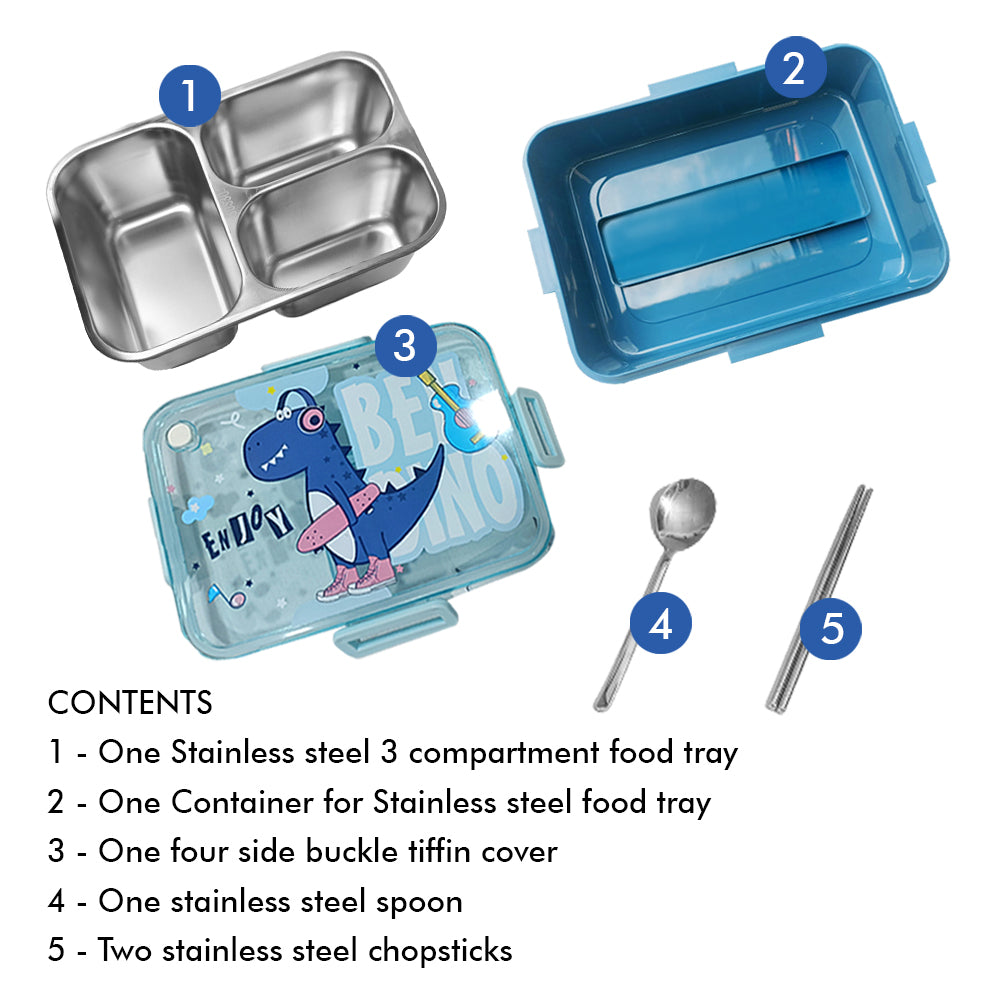 Little Surprise Box Mini Size Stainless Steel Lunch Box /Tiffin For Kids And Adults, Blue Dino With Steel Spoon And Steel Chopsticks For Kids And Adults.