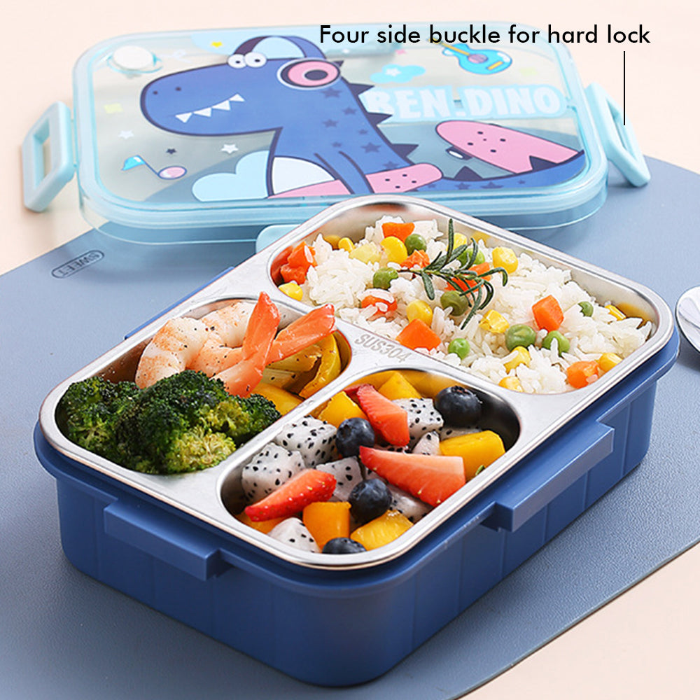 Little Surprise Box Mini Size Stainless Steel Lunch Box /Tiffin For Kids And Adults, Blue Dino With Steel Spoon And Steel Chopsticks For Kids And Adults.