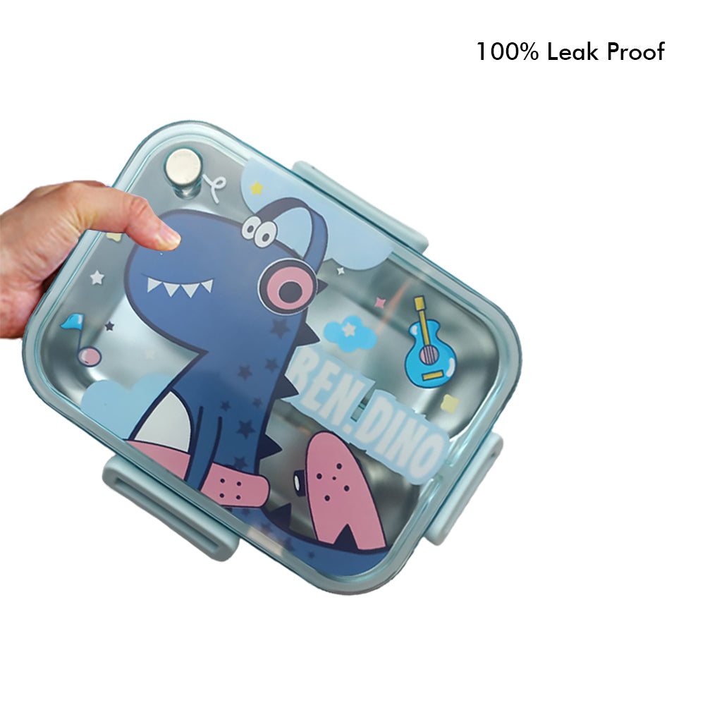 Little Surprise Box Mini Size Stainless Steel Lunch Box /Tiffin For Kids And Adults, Blue Dino With Steel Spoon And Steel Chopsticks For Kids And Adults.