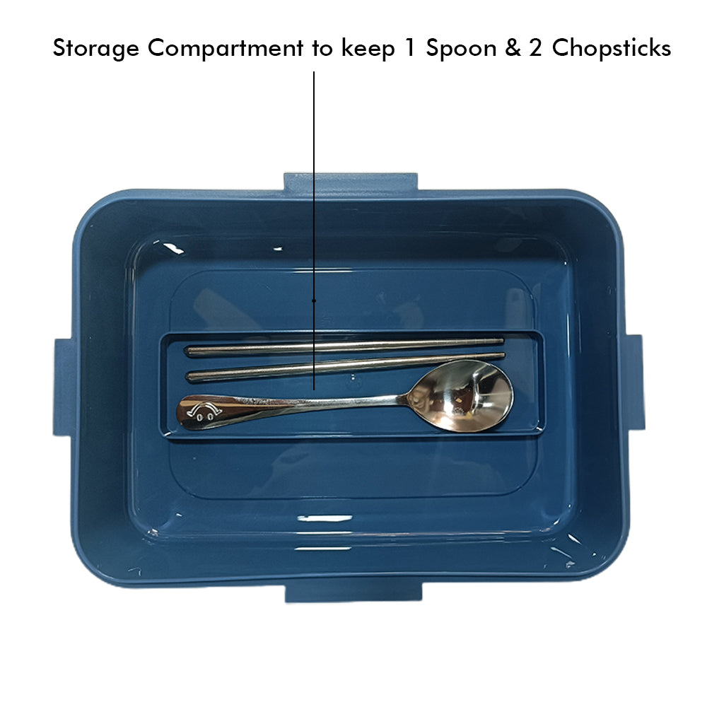 Little Surprise Box Mini Size Stainless Steel Lunch Box /Tiffin For Kids And Adults, Blue Dino With Steel Spoon And Steel Chopsticks For Kids And Adults.