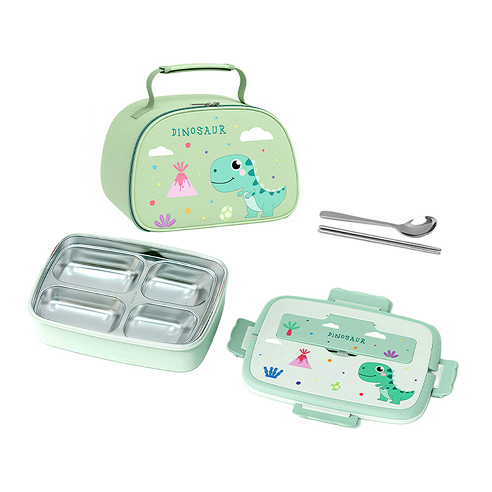 Little Surprise Box, Green Dino Big Size Stainless Steel Lunch Box With Insulated Matching Lunch Bag, stainless steel spoon and chopsticks for Kids and Adults