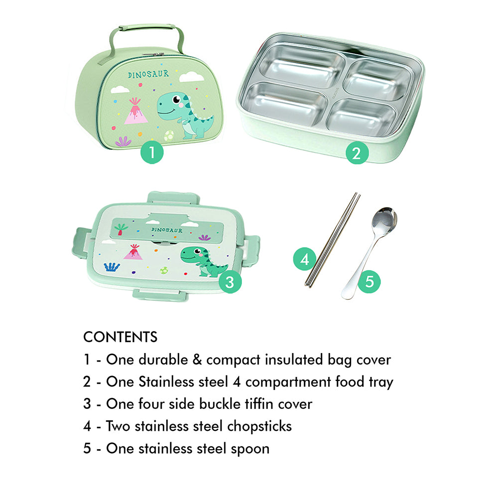 Little Surprise Box, Green Dino Big Size Stainless Steel Lunch Box With Insulated Matching Lunch Bag, stainless steel spoon and chopsticks for Kids and Adults