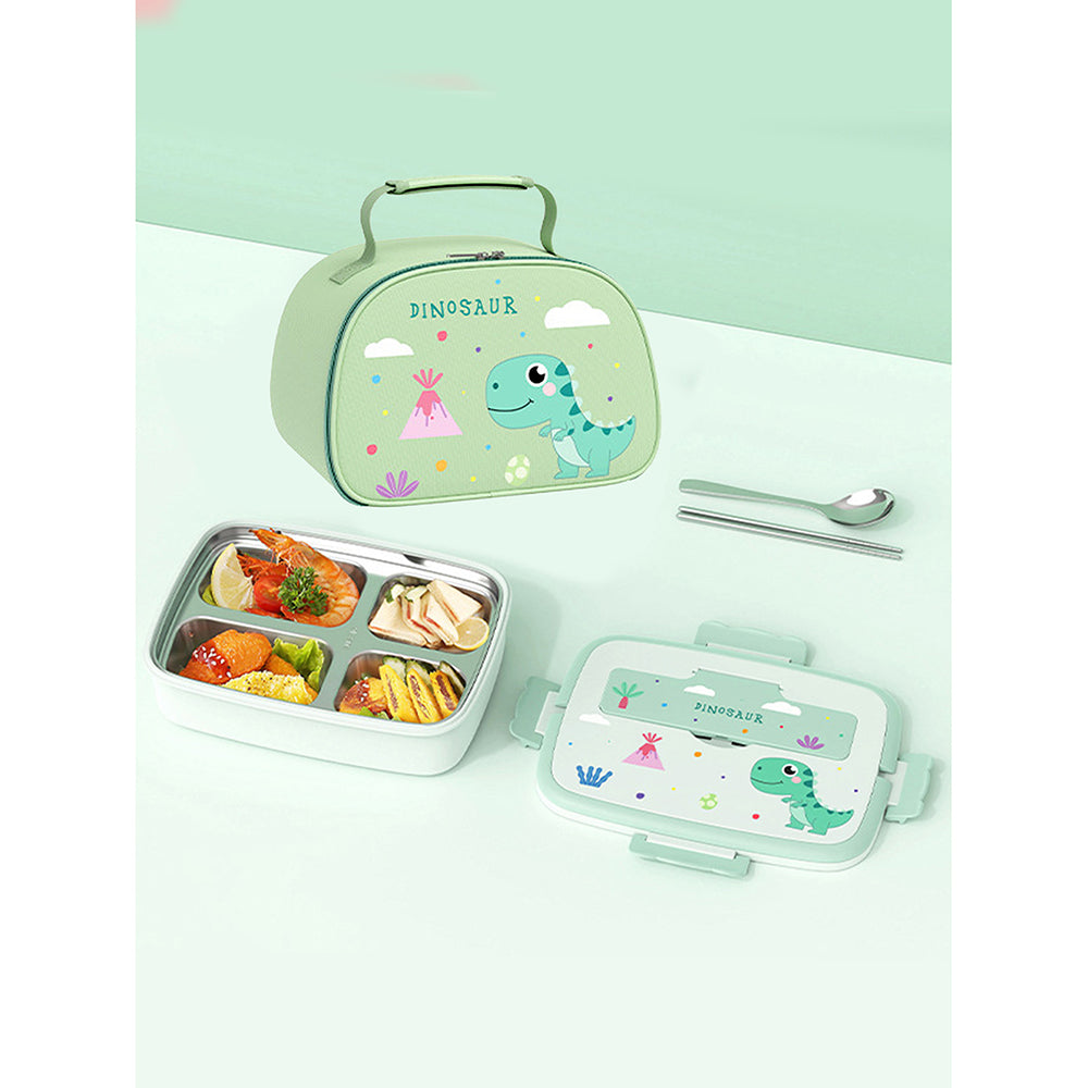 Little Surprise Box, Green Dino Big Size Stainless Steel Lunch Box With Insulated Matching Lunch Bag, stainless steel spoon and chopsticks for Kids and Adults