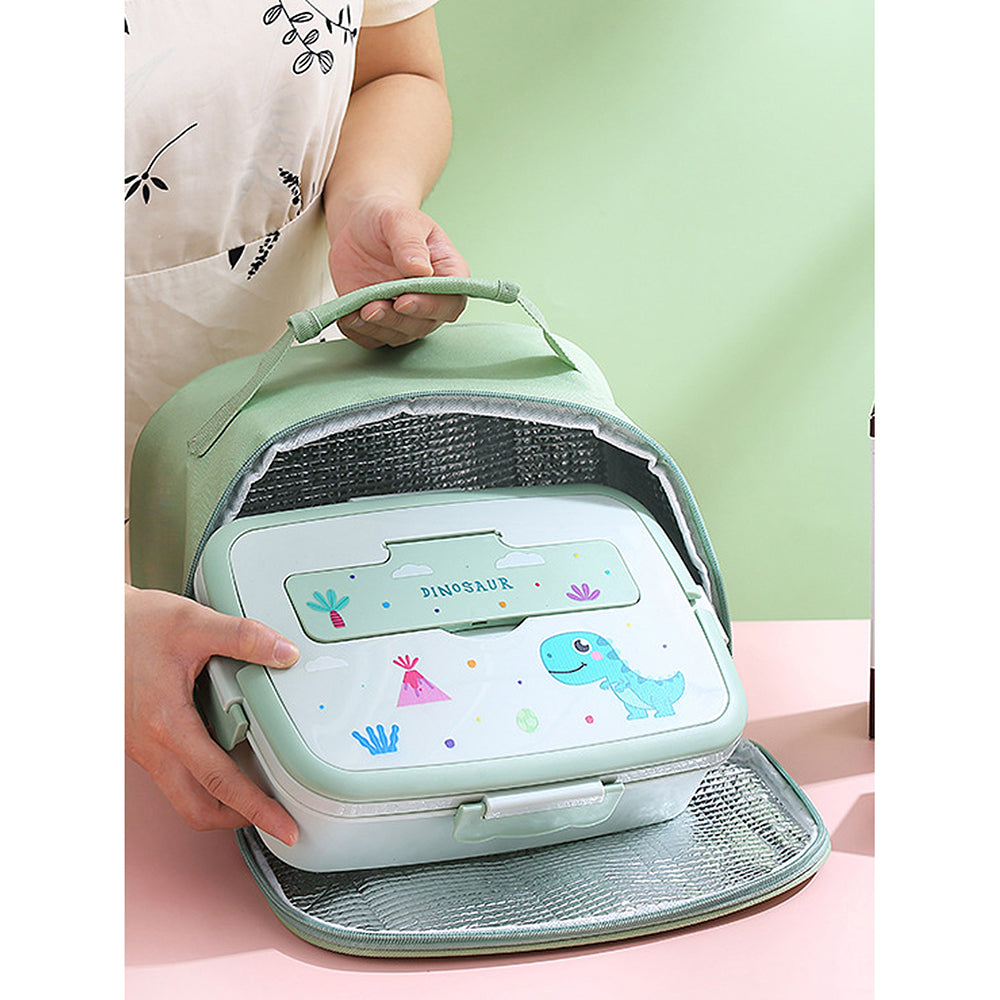 Little Surprise Box, Green Dino Big Size Stainless Steel Lunch Box With Insulated Matching Lunch Bag, stainless steel spoon and chopsticks for Kids and Adults