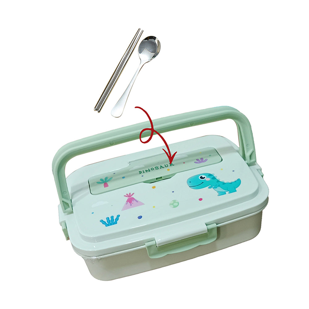 Little Surprise Box, Green Dino Big Size Stainless Steel Lunch Box With Insulated Matching Lunch Bag, stainless steel spoon and chopsticks for Kids and Adults