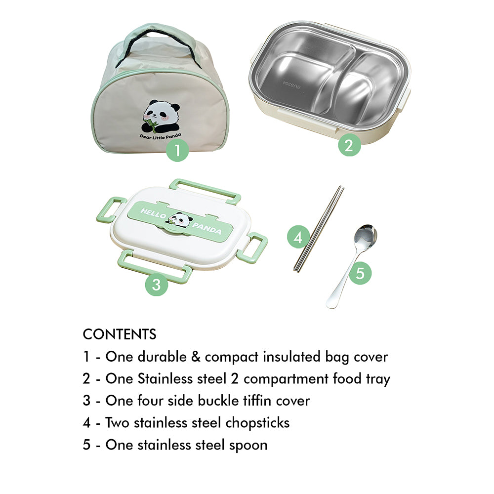 Little Surprise Box, Happy Panda medium Size Stainless Steel Lunch Box /Tiffin with Insulated Matching Lunch Bag, stainless steel spoon and chopsticks for Kids and Adults