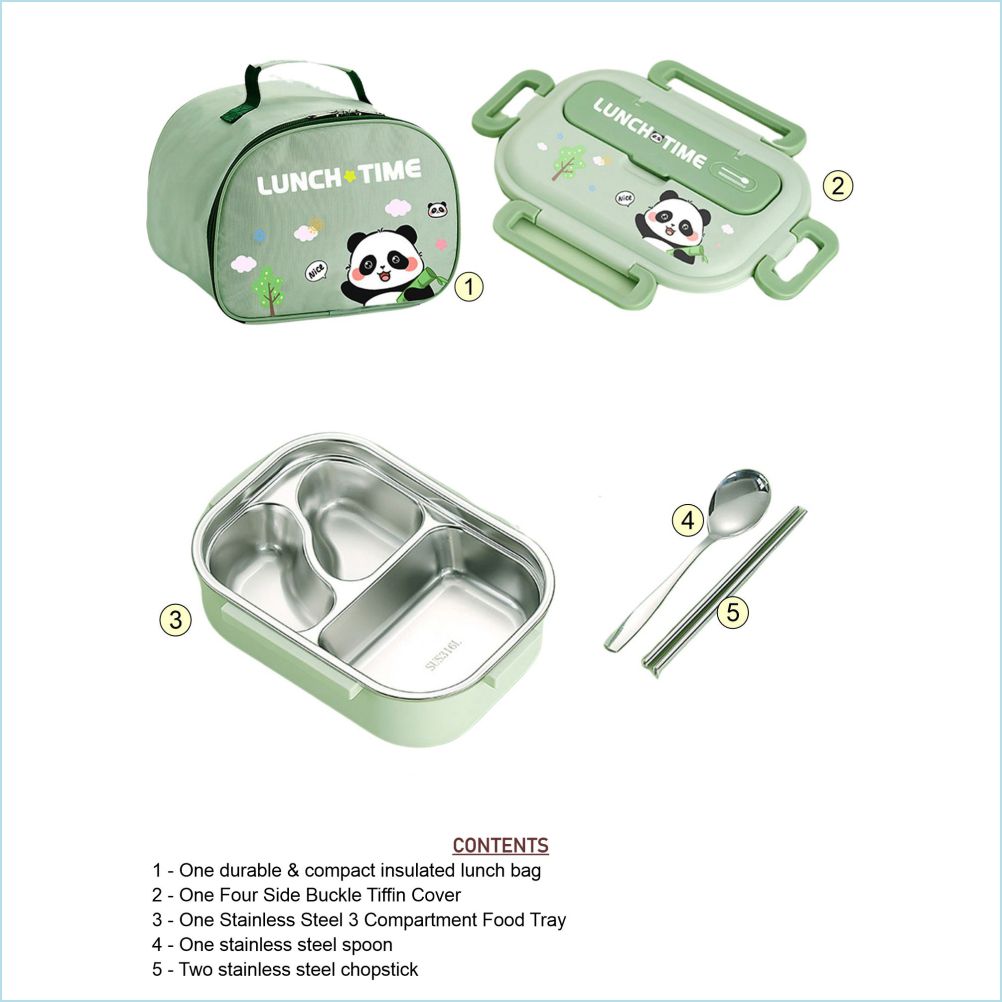 Mint Panda Lunch Time 2 pcs Stainless Steel Kids Lunch Box with matching Lunch Bag