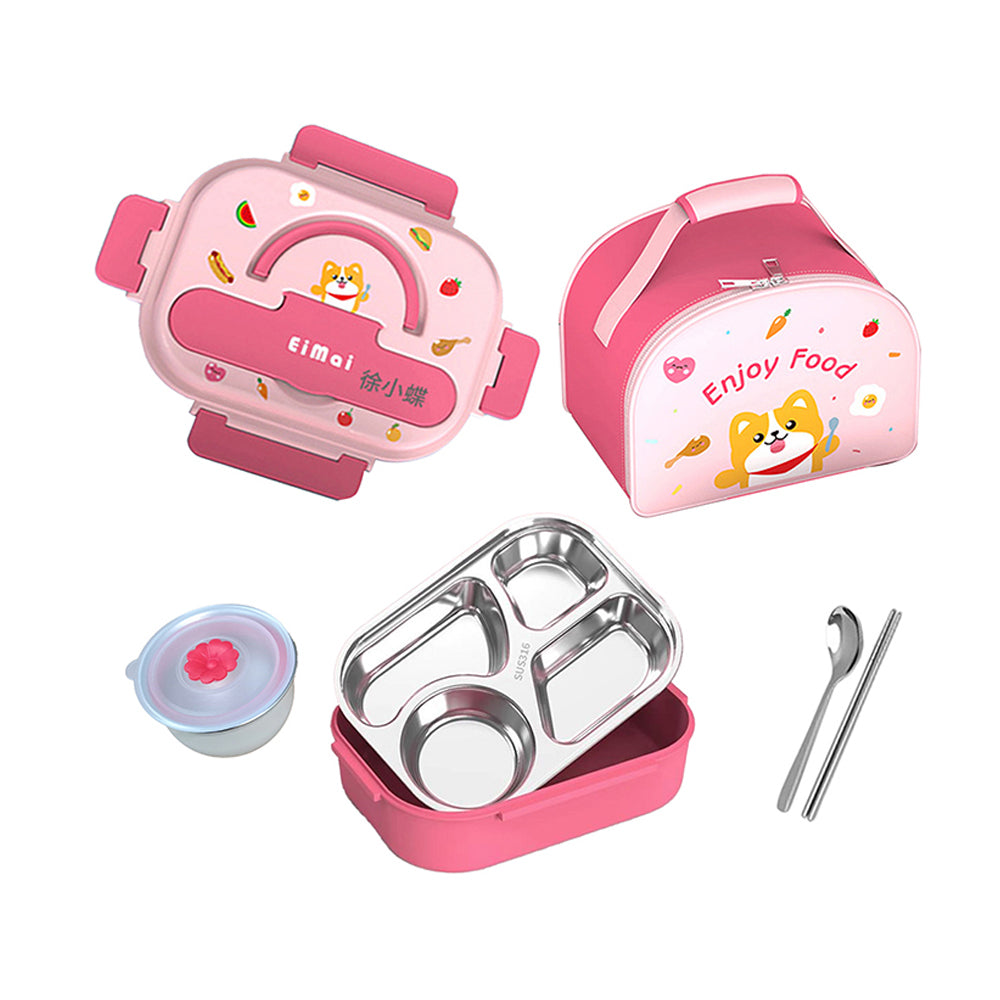 Little Surprise Box, Pink Foxy Big Size Stainless Steel Lunch Box /Tiffin with Insulated Matching Lunch Bag, stainless steel spoon and chopsticks for Kids and Adults