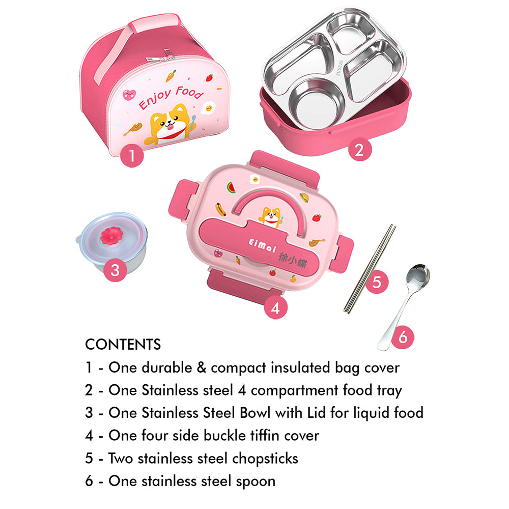 Little Surprise Box, Pink Foxy Big Size Stainless Steel Lunch Box /Tiffin with Insulated Matching Lunch Bag, stainless steel spoon and chopsticks for Kids and Adults