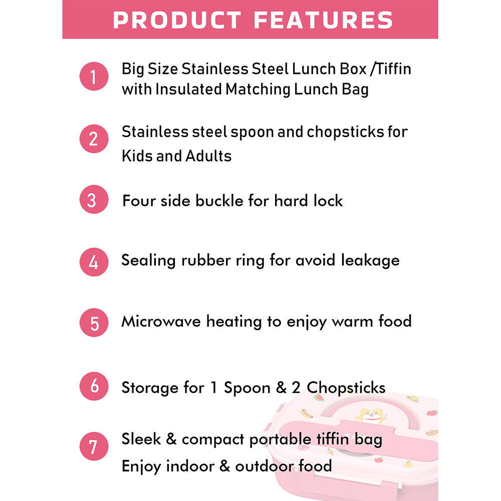 Little Surprise Box, Pink Foxy Big Size Stainless Steel Lunch Box /Tiffin with Insulated Matching Lunch Bag, stainless steel spoon and chopsticks for Kids and Adults