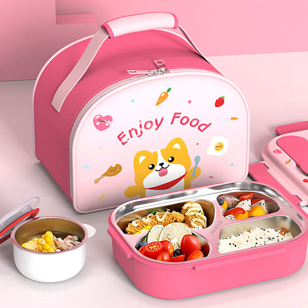 Little Surprise Box, Pink Foxy Big Size Stainless Steel Lunch Box /Tiffin with Insulated Matching Lunch Bag, stainless steel spoon and chopsticks for Kids and Adults