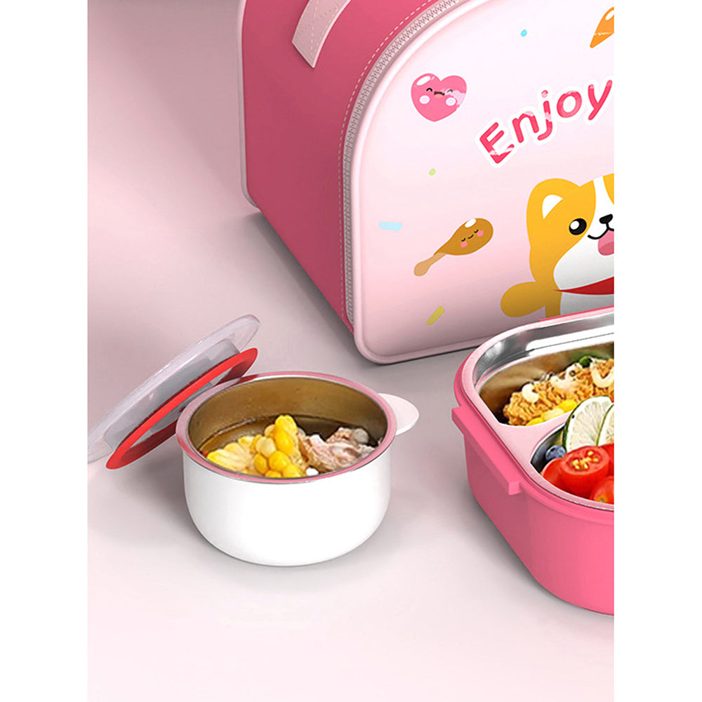 Little Surprise Box, Pink Foxy Big Size Stainless Steel Lunch Box /Tiffin with Insulated Matching Lunch Bag, stainless steel spoon and chopsticks for Kids and Adults