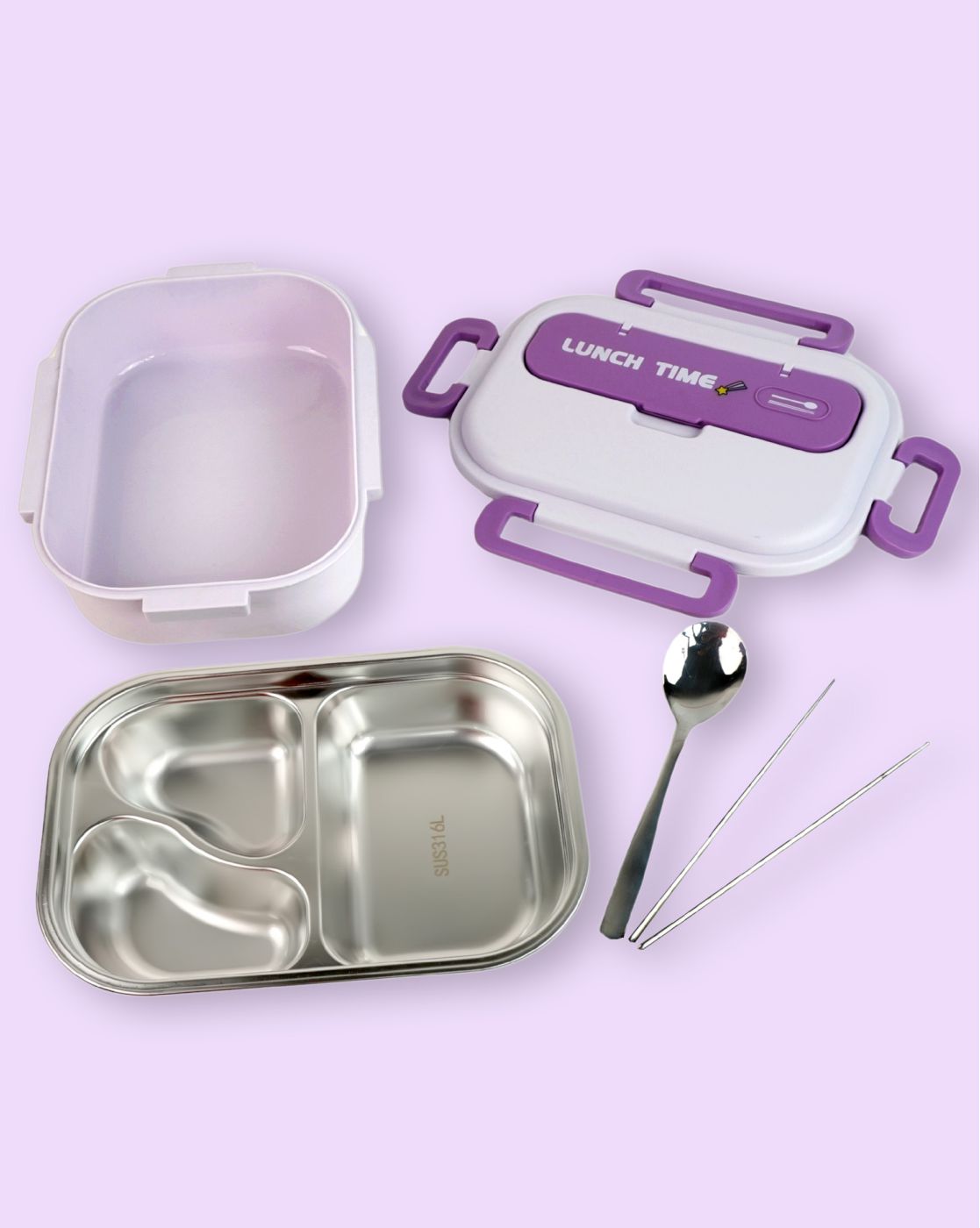 Purple Lunch Time 2 pcs Stainless Steel Kids Lunch Box with matching Lunch Bag