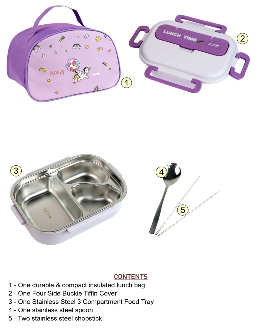 Purple Lunch Time 2 pcs Stainless Steel Kids Lunch Box with matching Lunch Bag